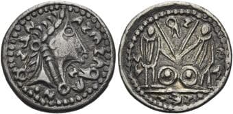 Easter Danube, Uncertain tribes Denarius, imitating Augustus mid I-III century, AR 18 mm, 2.16 g. Laureate head r. Rev....