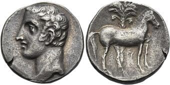 Hispania, Carthago Nova (?) Under the Carthaginians. Shekel circa 218-206, AR 21 mm, 6.76 g. Male head l. Rev. Horse...