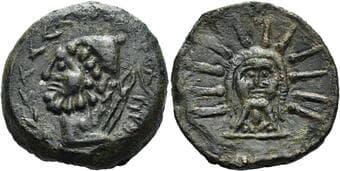 Hispania, Malaka Unit circa II century BC, Æ 23 mm, 12.35 g. Bearded head of Hephaistos l., wearing conical cap; in r....