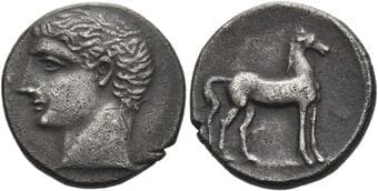 Hispania, uncertain Spanish mint Half shekel circa 218-206, AR 17 mm, 3.57 g. Bare male head l. Rev. Horse standing...