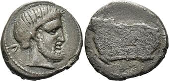 Etruria, Populonia 5 Asses circa III century BC, AR 14 mm, 1.9 g. Diademed and bearded male head r.; in l. field, V....