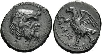 Umbria, Tuder Bronze circa 280-240, Æ 18 mm, 2.96 g. Head of Silenus r. Rev. Eagle standing l., with open wings ....