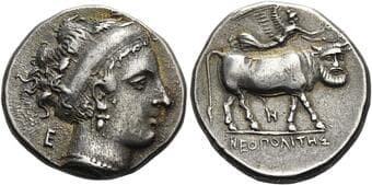 Campania, Neapolis Didrachm circa 350-325, AR 20 mm, 7.56 g. Head of nymph r., wearing broad headband; behind, E. Rev....