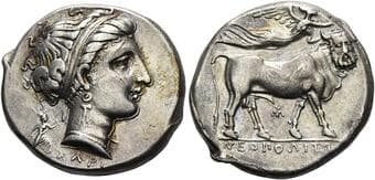 Campania, Neapolis Didrachm, magistrate Arte... circa 300, AR 20 mm, 7.09 g. Diademed head of a nymph r., wearing...