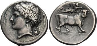 Campania, Neapolis Didrachm circa 275-250, AR 22 mm, 7.02 g. Diademed head of nymph l.; wearing earrings and necklace;...