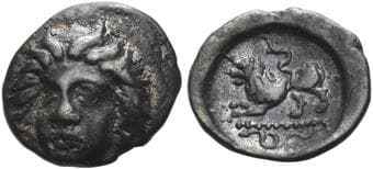 Campania, Phistelia Obol circa 325-275, AR 7 mm, 0.67 g. Female head facing, slightly l. Rev. Lion standing l.; in...