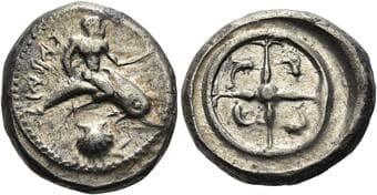 Calabria, Tarentum Nomos circa 480-470, AR 20 mm, 7.61 g. TARAS retrograde Dolphin rider r., raising l. hand and...