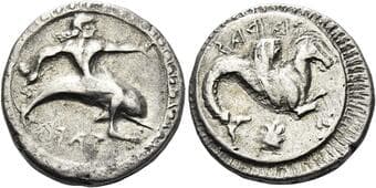 Calabria, Tarentum Nomos circa 510-450, AR 21 mm, 7.55 g. TAPAS retrograde Phalantos seated on dolphin r., holding...