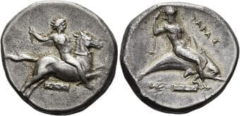 Calabria, Tarentum Nomos signed by ΣΟΚ circa 340-325, AR 22 mm, 7.95 g. Horseman galloping r. holding whip; below,...