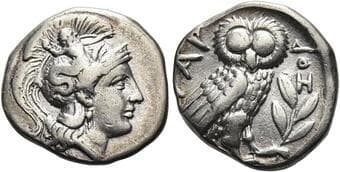 Calabria, Tarentum Drachm circa 280-272, AR 17 mm, 3.22 g. Head of Athena r., wearing Attic helmet decorated with...