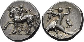 Calabria, Tarentum Didrachm circa 272-240 , AR 19 mm, 6.47 g. ΣΥ / ΛΥΚΙ/ΝΟΣ Youth on horseback l., crowing...