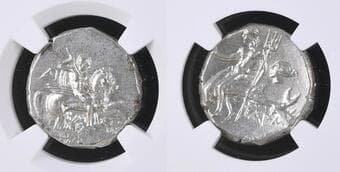 Calabria, Tarentum Nomos circa 272-240, AR 17 mm, 6.42 g. Warrior, holding shield and two spears, preparing to cast a...