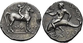 Calabria, Tarentum Half shekel circa 212-209, AR 19 mm, 3.46 g. Nude youth on horseback r., crowning horse with laurel...