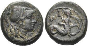 Lucania, Heracleia Bronze circa 300-200, Æ 14 mm, 2.89 g. Head of Athena r., wearing crested Corinthian helmet. Rev....