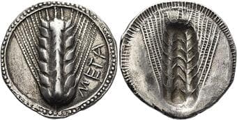 Lucania, Metapontum Nomos circa 540-510, AR 28 mm, 6.6 g. META Ear of barley. Rev. The same type incuse. Noe 123. ...