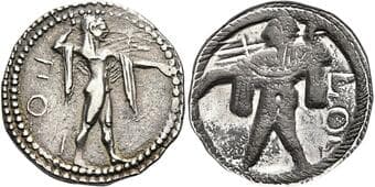 Lucania, Poseidonia Drachm circa 530-500 , AR 21 mm, 3.62 g. ΠΟΣ Poseidon standing r., brandishing trident; double...