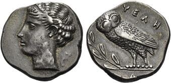 Lucania, Velia Drachm circa 440-425, AR 18 mm, 4.04 g. Head of nymph l., hair bound with fillet, wearing necklace. Rev....