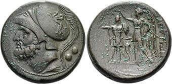 Bruttium, The Brettii Double unit 214-211, Æ 27 mm, 16.28 g. Helmeted head of Ares l.; below, corn ear and...
