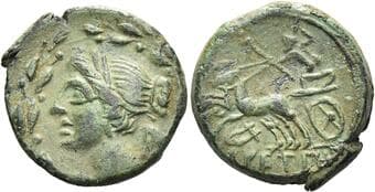 Bruttium, The Brettii Semuncia circa 208-203, Æ 17 mm, 3.93 g. Winged bust of Nike l.; within laurel wreath. Rev....