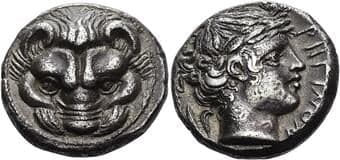 Bruttium, Rhegium Tetradrachm circa 415-387, AR 24 mm, 16.94 g. Lion's head facing. Rev. PHΓINON Laureate head of...