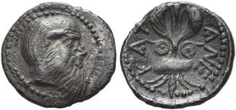 Sicily, Catana Litra circa 461-450, AR 12 mm, 0.63 g. Head of Silenus r. Rev. KAT – ANE Winged thunderbolt; flanking,...