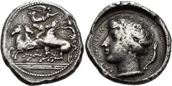 Sicily, Catana Tetradrachm signed by Herakleidas circa 413-402, AR 28 mm, 15.89 g. Charioteer driving fast quadriga l.;...