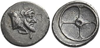 Sicily, Gela Litra circa 480-470, Æ 19 mm, 0.66 g. Forepart of bearded man-faced bull r. Rev. Four spokes wheel....