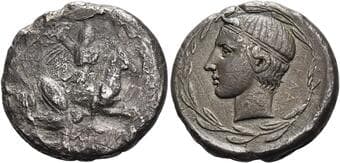 Sicily, Gela Didrachm circa 425-420, AR 21 mm, 7.42 g. Helmeted warrior on horseback r., spearing fallen hoplite. Rev....