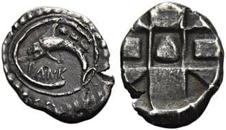 Sicily, Messana as Zankle Hemilitron circa 520-493, AR 7 mm, 0.21 g. DANK Dolphin leaping within crescent-shaped...
