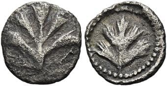 Sicily, Selinus Trihemiobol circa 515-470, AR 10 mm, 0.57 g. Selinon leaf. Rev. Selinon leaf; dotted border. C....