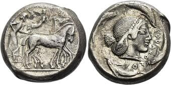Sicily, Syracuse Tetradrachm circa 478-472, AR 23 mm, 17.08 g. Charioteer driving slow quadriga r., holding kentron and...