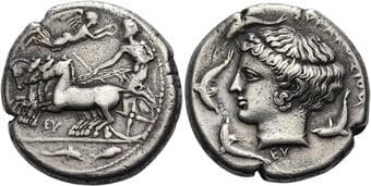 Sicily, Syracuse Tetradrachm, signed by Euainetos circa 415-405, AR 26 mm, 17.02 g. ΕΥ Charioteer driving fast...