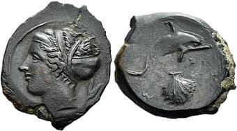 Sicily, Syracuse Bronze after 410, Æ 16 mm, 3.3 g. Head of nymph Arethusa l., wearing hair-band; in r. field, laurel...