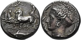 Sicily, Syracuse Tetradrachm signed by Eukleidas circa 405-400, AR 24 mm, 17.17 g. Fast quadriga driven l. by...