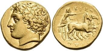 Sicily, Syracuse Decadrachm or 50 litrae circa 317-310, AV 15 mm, 4.27 g. Laureate head of Apollo l. Rev. ΣΥΡΑ –...