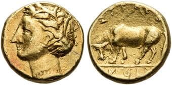 Sicily, Syracuse Diobol or 1/6 stater 317-310, AV 10 mm, 1.35 g. Head of Persephone l., wearing barley wreath. Rev....