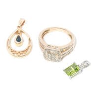 Ring & Two Pendants in 9ct Gold One 9 carat yellow gold ring holds grain and channel set round and baguette diamonds....