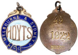 Bridgland & King, Melbourne - Enamel Hoyts Cinema Badge, 1922, gVF Hoyts, Melbourne & Sydney, brass/enamel cinema...
