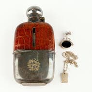 Silver & Leather Hip Flask and Jewelery , 1900S, VF Silver & Leather hip flask 14.5cm high x 7.5cm wide x 2.5cm deep,...