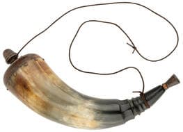 Powder (Priming) Horn, C. 1800S, aEF Large powder (priming) (bulls) horn, size 41cm long with 7.5cm diameter turned...