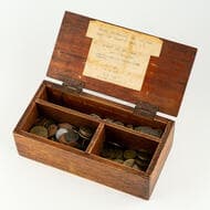 Handmade Timber Box with Gambling Tokens, C. 1900S, VF Medium to large handmade timber box size 24.5cm long x 12cm...