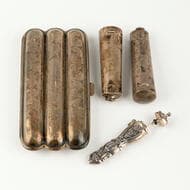 Sterling Silver Cigar Case, Fine Engraved 'J REES - 24.3.17' (73g), with small case (2) & perfume key chain (40g). ...