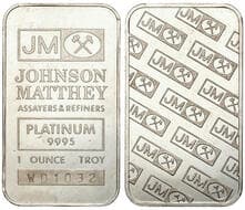 Johnson Matthey Assayers & Refiners .9995 platinum minted bar, as issued. Estimate: 2500 - 3000 AUD