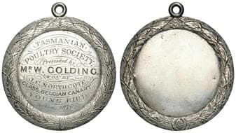 Tasmania Poultry Society, 1876, gVF Silver prize medal, 19.20g, 49mm diameter, uniface disc with wreath surround and...