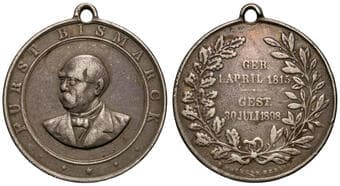 Germany, Death of Bismarck Medal, 1898, F Silver fob medal, 22.0g, 34.5mm, with integral suspension loop, toned,...