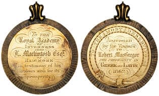 Great Britain, Royal Academy of Inverness - Academic Award, 1862, VF 13ct gold medal, circular form with herringbone...