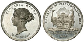 Victoria, Cessation of Transportation - Tasmania, 1853, aUNC White metal medal, 57.5mm, 59.85g, matt toned details...