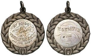 High School Athletic Sports, Handicap Flat Race, 440 YDS, SEN R., 1877, VF Silver medal, 36mm, 14.89g, hand engraved...