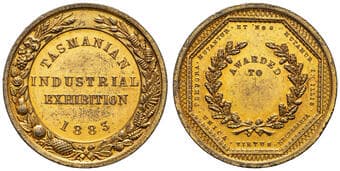 Tasmania Industrial Exhibition, 1883, VF Gold plated (gilt) copper medal, 38mm diameter, 29.36g, rev. trellis work...