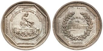 Tasmanian Juvenile Industrial Exhibition, 1883, EF Silver medal, 39mm, 24.78g, reverse AWARDED TO and engraved MRS W....